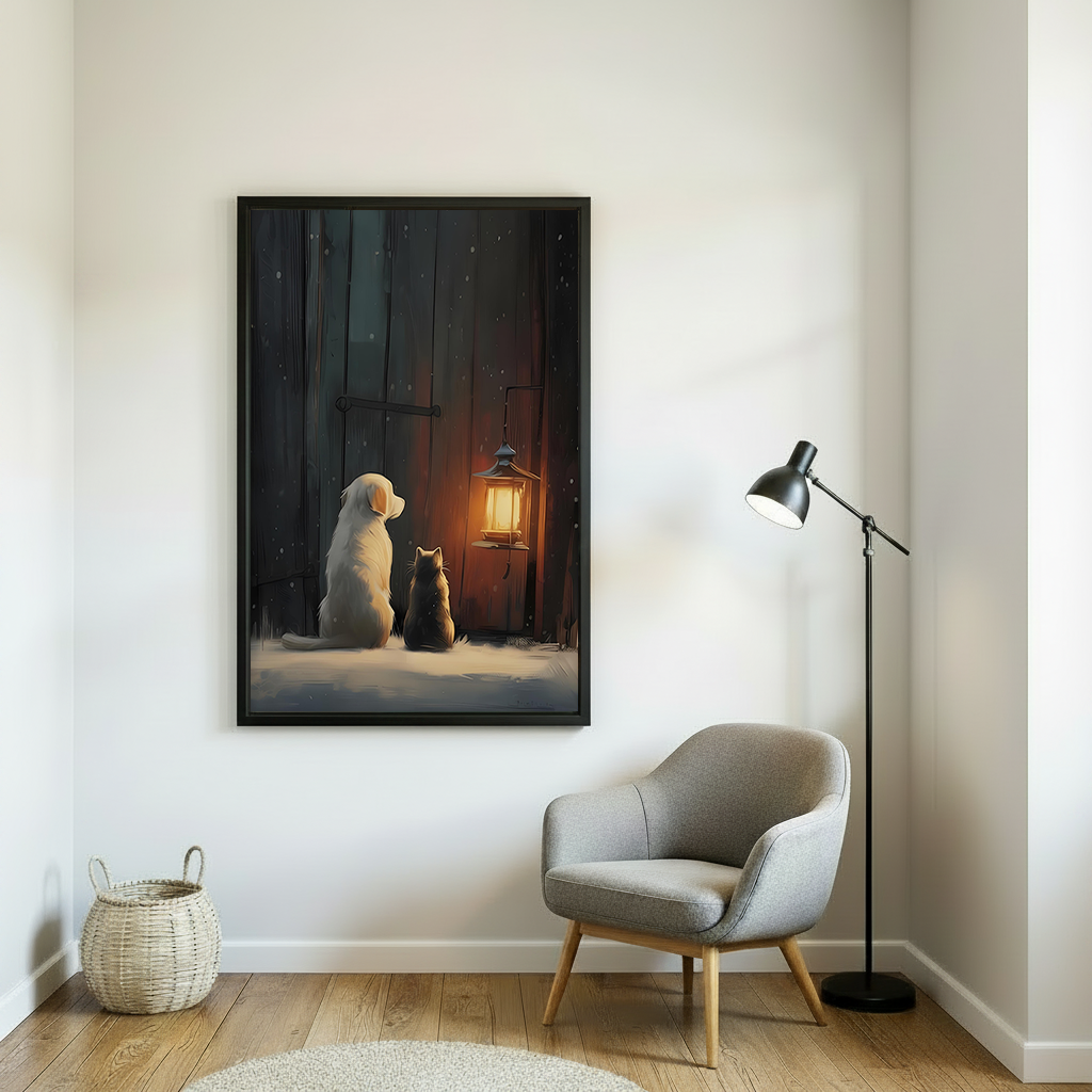 Dog and cat winter night oil painting framed canvas art hung on white wall beside grey armchair and black floor lamp in minimalist reading nook

