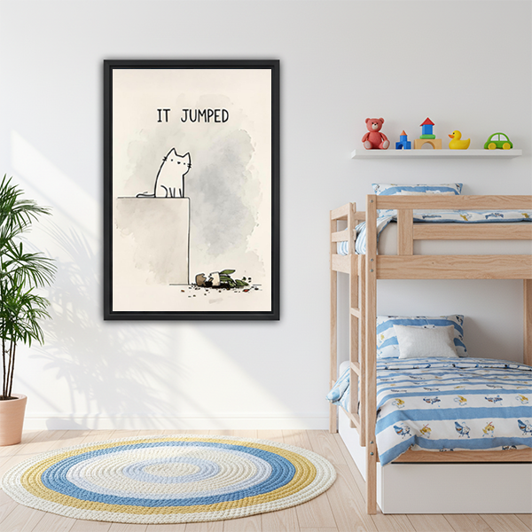 	Funny cat It Jumped minimalist line art framed canvas art in black frame on white wall beside bunk bed with blue striped bedding in kids bedroom
