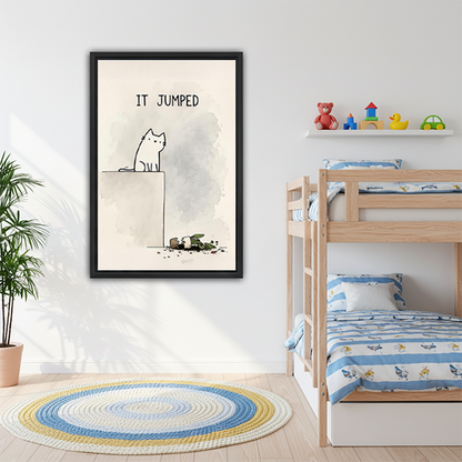 	Funny cat It Jumped minimalist line art framed canvas art in black frame on white wall beside bunk bed with blue striped bedding in kids bedroom
