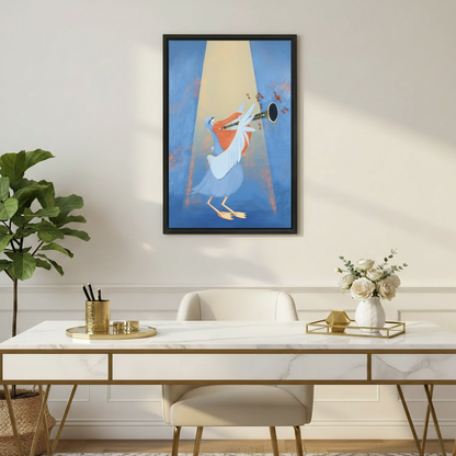 Pelican saxophone canvas art in black frame above marble desk, home office decor