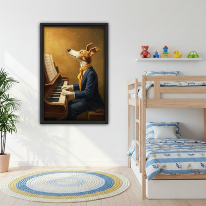 Framed greyhound pianist wall art in kids bedroom, fun anthropomorphic dog in suit canvas print, whimsical music-themed decor