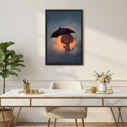 Glowing dog umbrella rainy night fantasy framed canvas wall art above marble desk in elegant home office with gold decor
