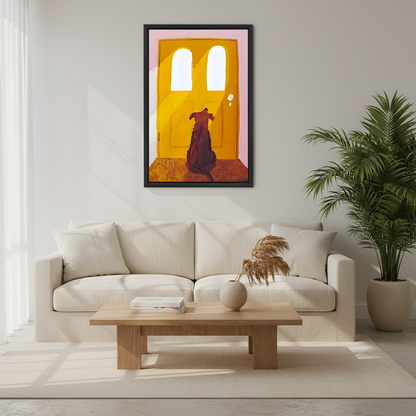 Dog at yellow door vintage oil painting framed wall art hung above cream sofa with palm plant in bright minimalist living room