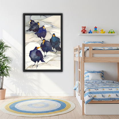 Watercolor crow flock framed canvas wall art in kids bedroom, dramatic dark blue bird print for children's room decor