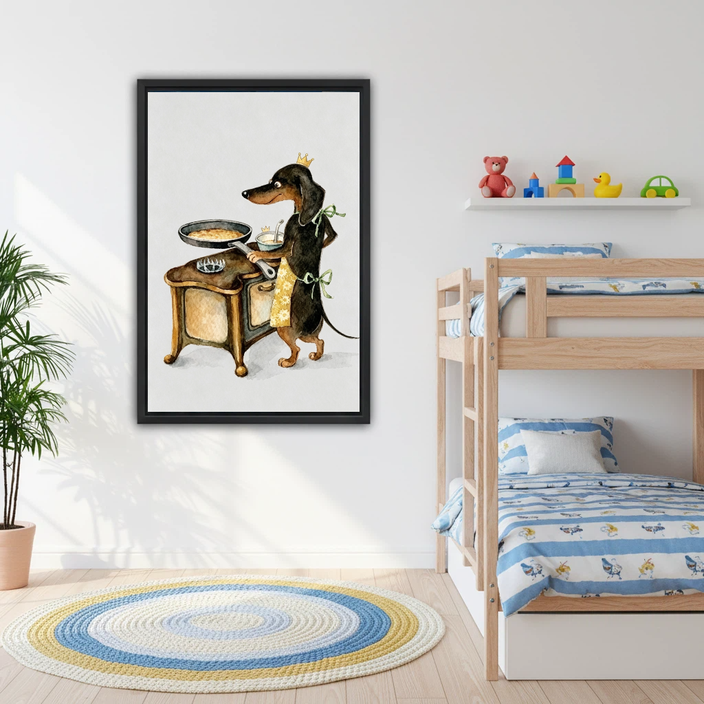Whimsical crowned dachshund chef framed canvas wall art on white wall in kids bedroom with bunk bed and round rug