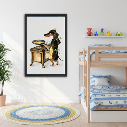 Whimsical crowned dachshund chef framed canvas wall art on white wall in kids bedroom with bunk bed and round rug