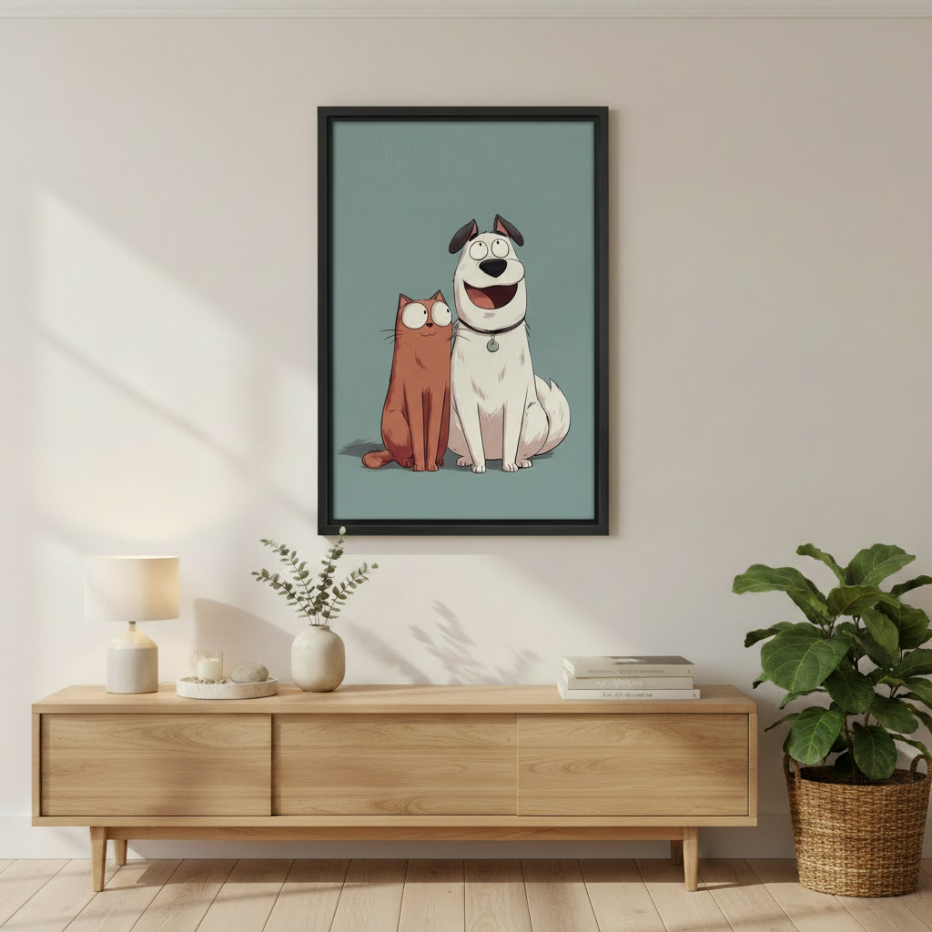 Cute orange cat and smiling white dog cartoon wall art print in black frame above oak media console with white ceramic lamp and fiddle leaf fig in Scandinavian living room