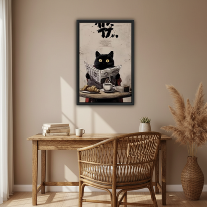 Black cat morning coffee canvas art framed print home office wall decor
