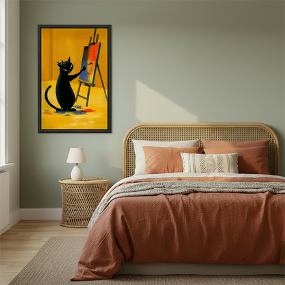 Black cat artist framed canvas print — vibrant yellow wall art in boho bedroom decor
