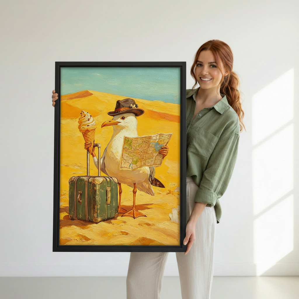 Woman holding large framed whimsical seagull traveler desert canvas print, funny oil painting bird with hat map and ice cream wall art size reference