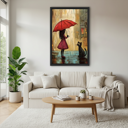 Gallery-wrap red umbrella girl and black cat canvas wall art displayed without an outer frame beside plants.