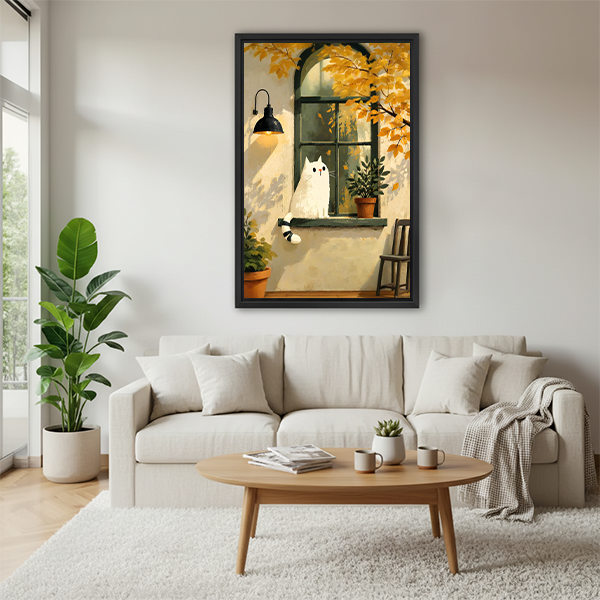 Framed cozy autumn white cat canvas wall art above a sofa, featuring a white cat and golden autumn branches