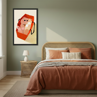 Chubby fluffy pink cat lying on its back inside red tote shopping bag with paws up showing pink paw pads and gold bell collar overhead view flat minimalist illustration style framed wall art hung on white wall above cream sofa with round wooden coffee table stacked magazines small succulent terracotta mug and cozy grey throw blanket