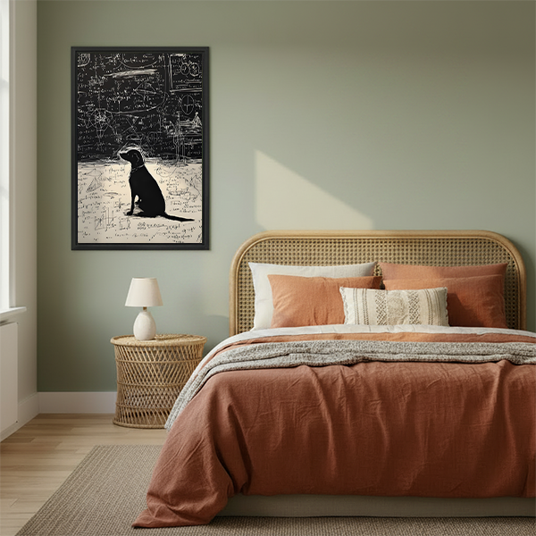 Black Labrador genius dog equations framed canvas wall art hanging in cozy boho bedroom above rattan bed with terracotta bedding and rattan nightstand