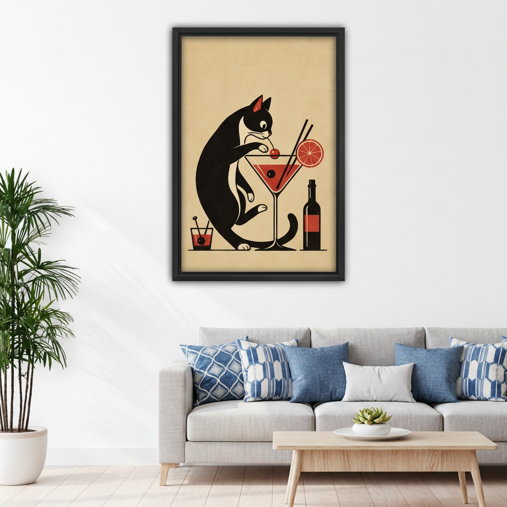 Retro Black Cat Cocktail Canvas Wall Art | Framed & Unframed l4930