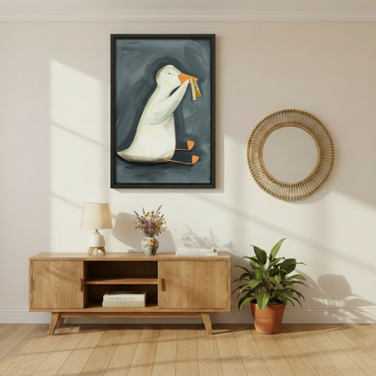 Funny White Goose Holding Clothespin Framed Print – Quirky Modern Animal Wall Art for Living Room