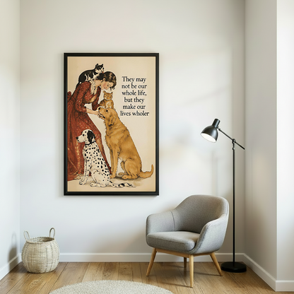 Woman in red floral dress bending to kiss orange cat with black white cat on her head golden retriever and dalmatian sitting beside her vintage watercolor illustration with lives wholer quote framed wall art hung on white wall beside grey armchair with black floor lamp wicker basket and round rug on wooden floor