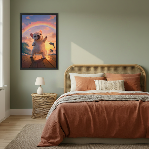 Joyful French bulldog rainbow beach art print in warm boho bedroom with rattan headboard