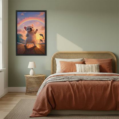 Joyful French bulldog rainbow beach art print in warm boho bedroom with rattan headboard
