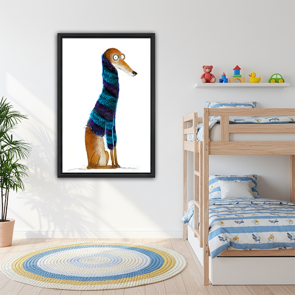 Smiling woman holding large funny greyhound striped scarf whimsical watercolor framed canvas print to show size in bright white room with palm plant