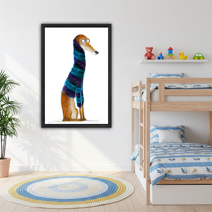 Smiling woman holding large funny greyhound striped scarf whimsical watercolor framed canvas print to show size in bright white room with palm plant