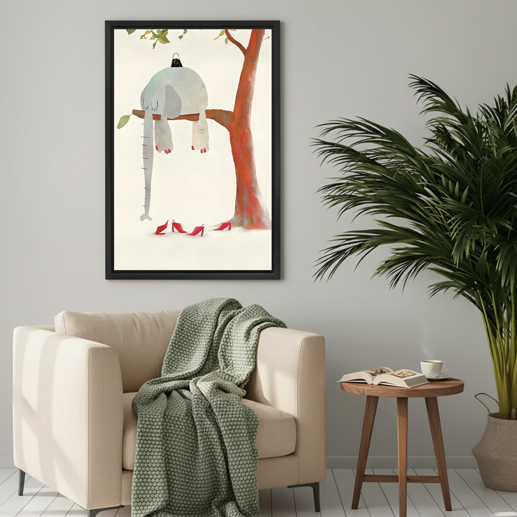 Funny elephant hanging from tree red heels framed wall art above cream armchair with green throw blanket in cozy living room
