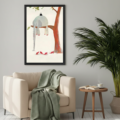 Funny elephant hanging from tree red heels framed wall art above cream armchair with green throw blanket in cozy living room