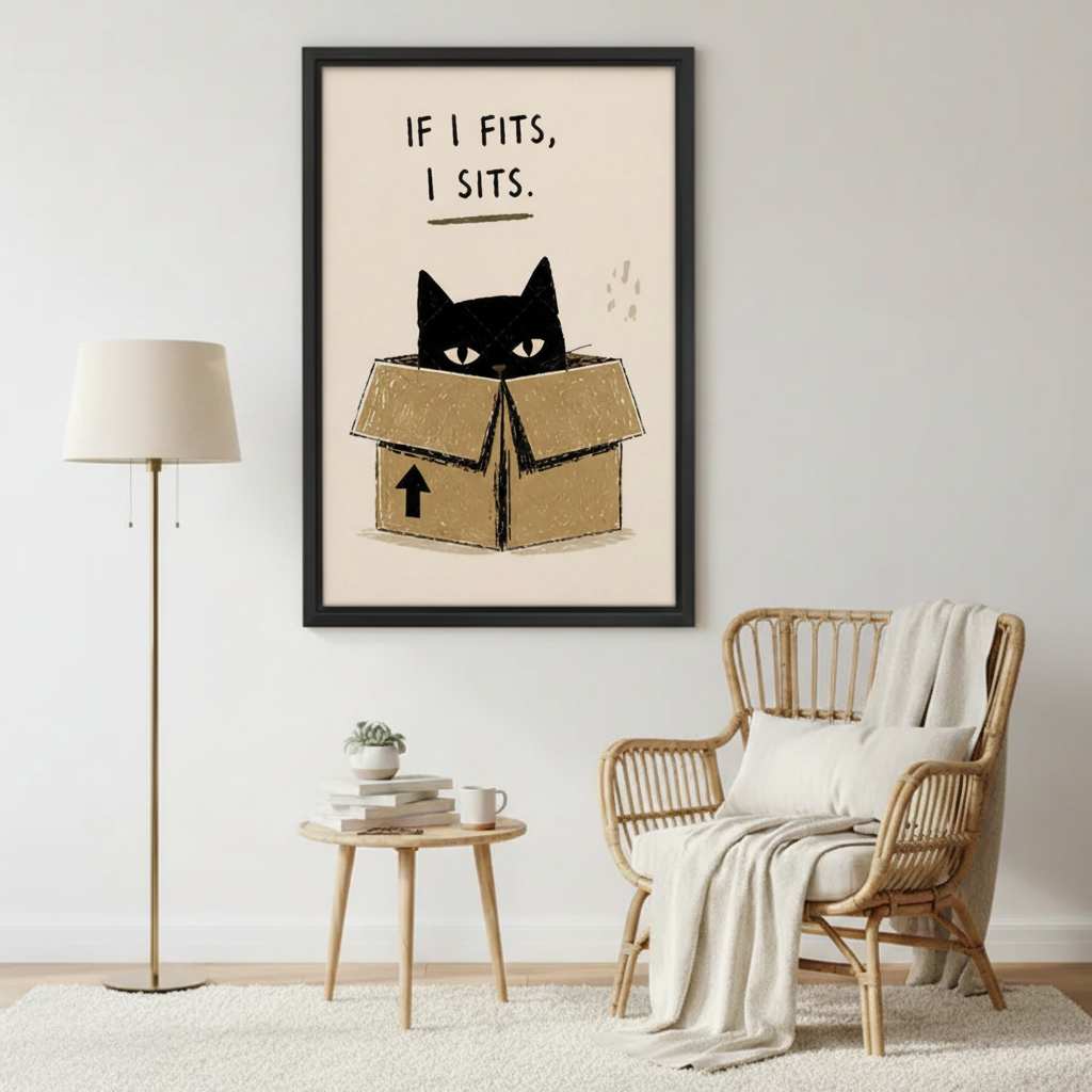 If I Fits I Sits black cat framed canvas art in a cozy living room with rattan chair and floor lamp