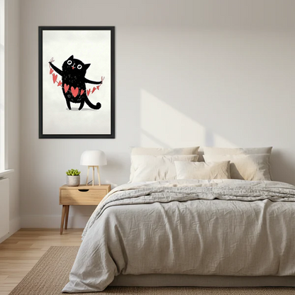 Cute black cat heart banner illustration framed wall art print displayed above bed in cozy minimalist bedroom