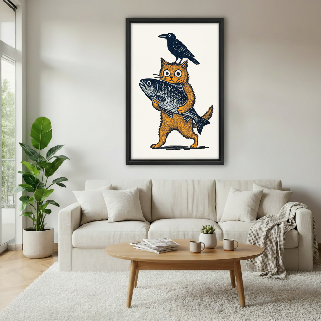 Framed Cat Carrying Fish Crow on Head Wall Art – Woodcut Style Folk Print for Living Room Decor