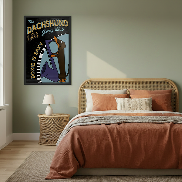 	Dachshund jazz club saxophone wall art print in warm boho bedroom with rattan headboard