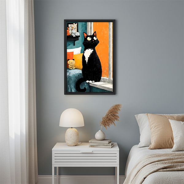 Funny tuxedo cat wall art, oil painting style illustration with orange teal background