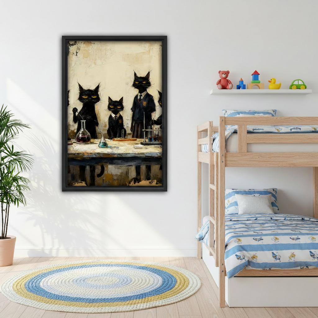 Vintage black cats scientist lab framed canvas wall art in kids room beside bunk bed, quirky oil painting uniformed cats with lab beakers children room decor