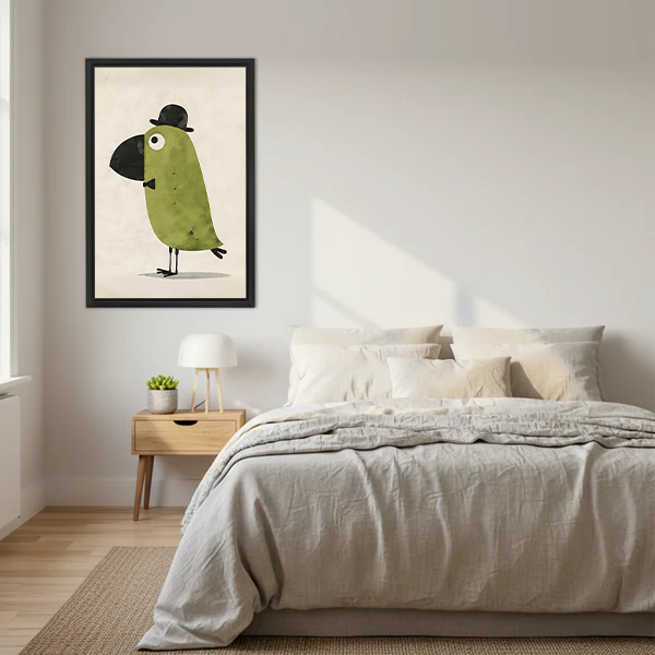 Whimsical dapper bird gentleman framed wall art print in black frame above a linen bed in a Scandinavian minimalist bedroom