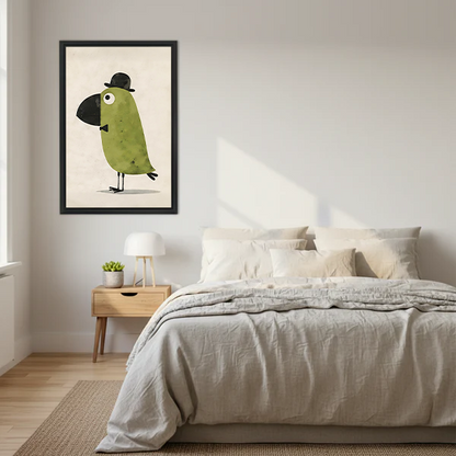 Whimsical dapper bird gentleman framed wall art print in black frame above a linen bed in a Scandinavian minimalist bedroom