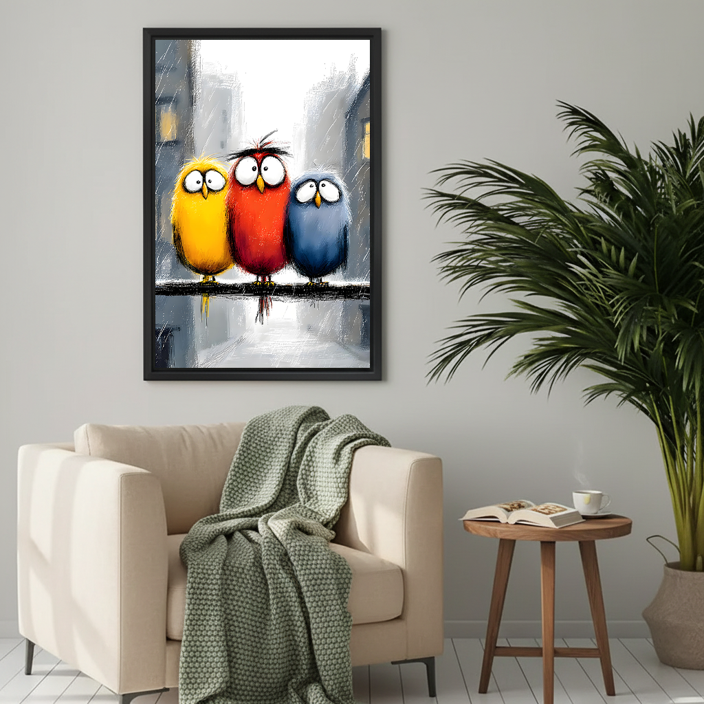 Three colorful cartoon birds on wire framed wall art in yellow red and blue hung on grey wall above cream armchair with sage green throw and round side table
