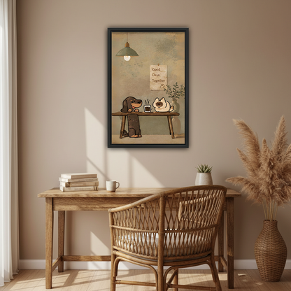 Cute dog cat coffee wall art in black frame above rustic wooden desk with rattan chair in boho home office