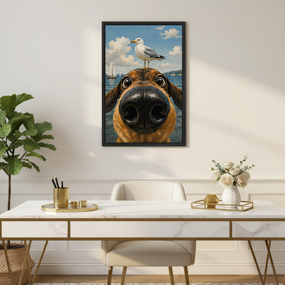 Dachshund seagull selfie ocean funny illustration black framed wall art above marble home office desk with gold accessories and white roses