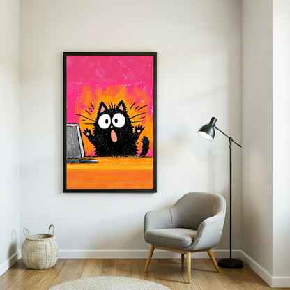 Shocked fluffy black cat with big white eyes and open mouth raising paws in front of laptop computer funny crayon chalk art illustration with hot pink and orange background framed wall art hung on white wall beside grey armchair with black arc floor lamp wicker basket and round rug on wooden floor in Scandinavian reading nook