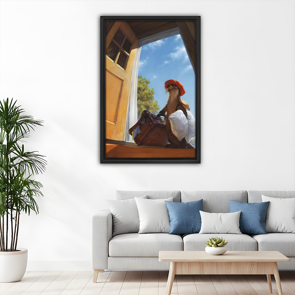 Fantasy otter wall art print in black frame above sofa in minimalist living room decor