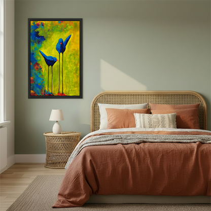 Two blue birds colorful modern framed canvas wall art hanging in cozy bedroom above rattan bed