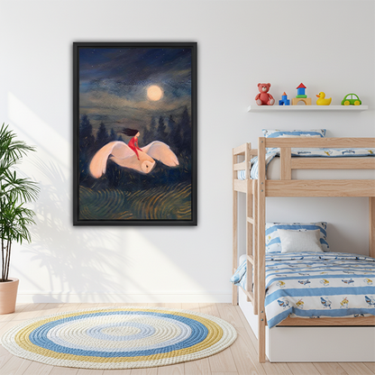 Fantasy Girl Riding White Bird Moonlight Framed Canvas Wall Art l2542