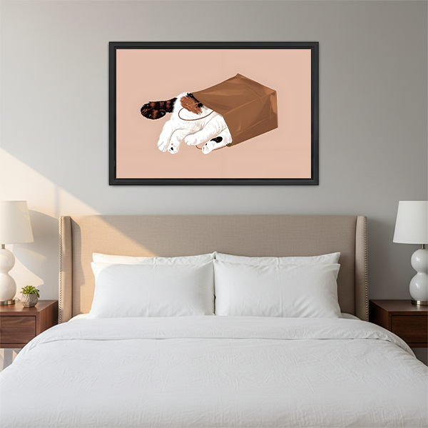 Whimsical cat in paper bag minimalist illustration framed wall art above bed in cozy neutral bedroom