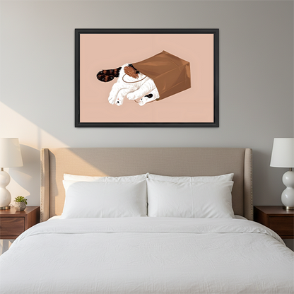 Whimsical cat in paper bag minimalist illustration framed wall art above bed in cozy neutral bedroom