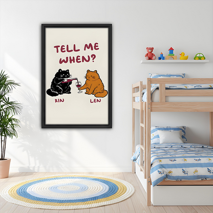 Playful cat wine pouring wall art print in kids bedroom