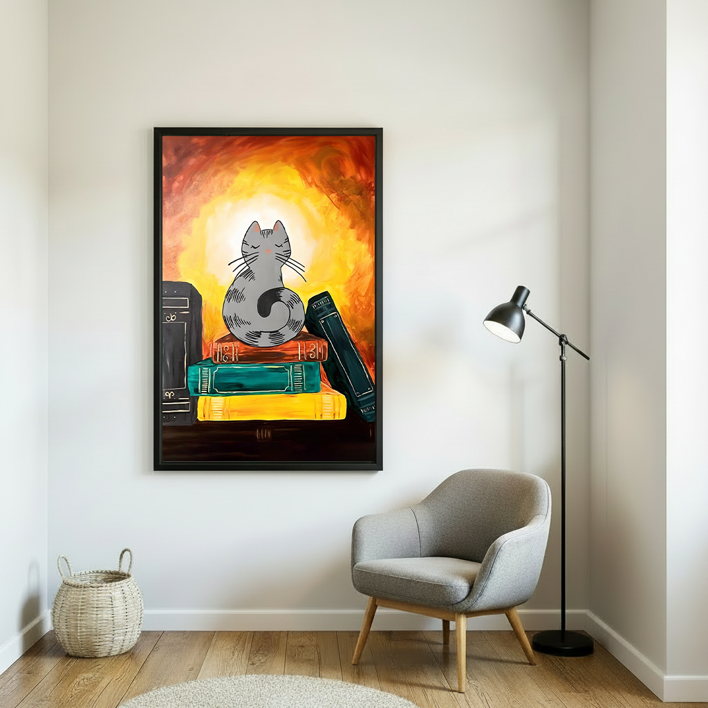 Gray cat sitting on stack of books with fiery glow zen mystical illustration large framed wall art in minimalist living room with floor lamp
