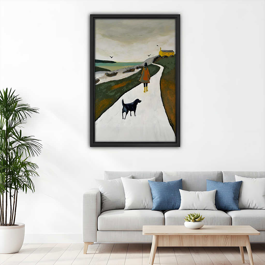 Nordic coastal walk woman dog framed wall art in kids bedroom, black frame, moody landscape painting above bunk bed, children's room decor