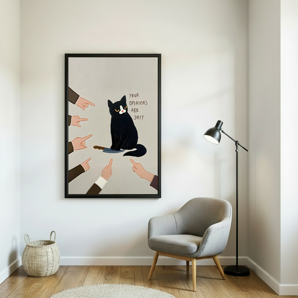 Funny black cat quote wall art in black frame beside grey armchair and floor lamp – sarcastic humor illustration in modern minimalist reading nook