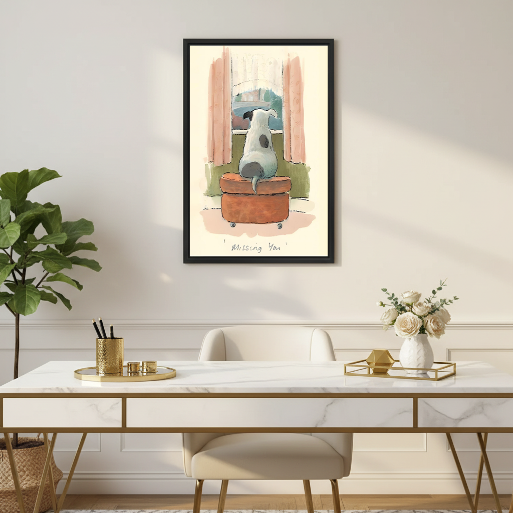 Missing You dog watercolor canvas in black frame above marble desk in elegant home office