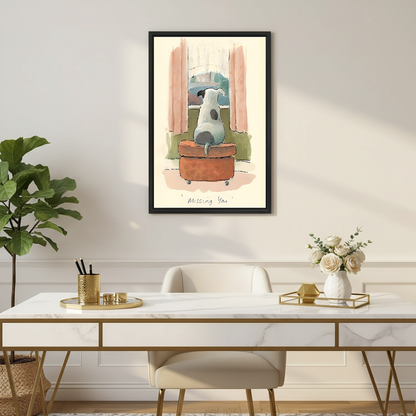 Missing You dog watercolor canvas in black frame above marble desk in elegant home office